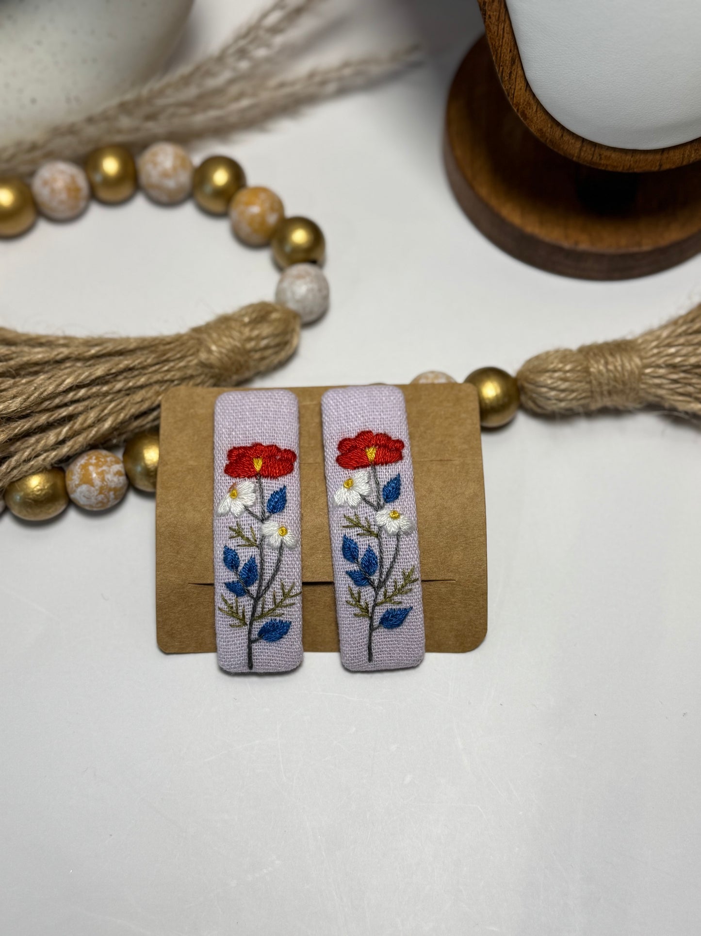 Embroidered Floral Hair Clips - Vintage Flower Linen Barrettes