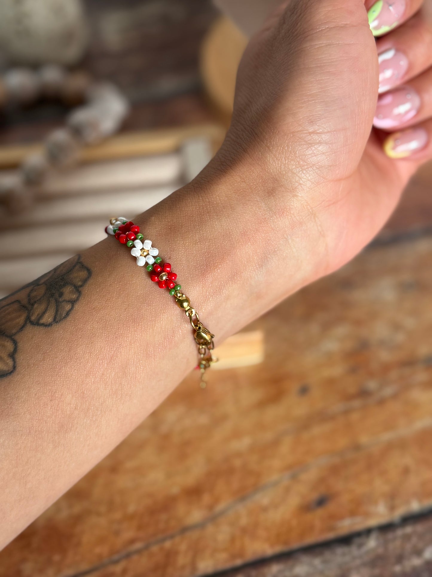 Red & Pearl Flower Beaded Bracelet