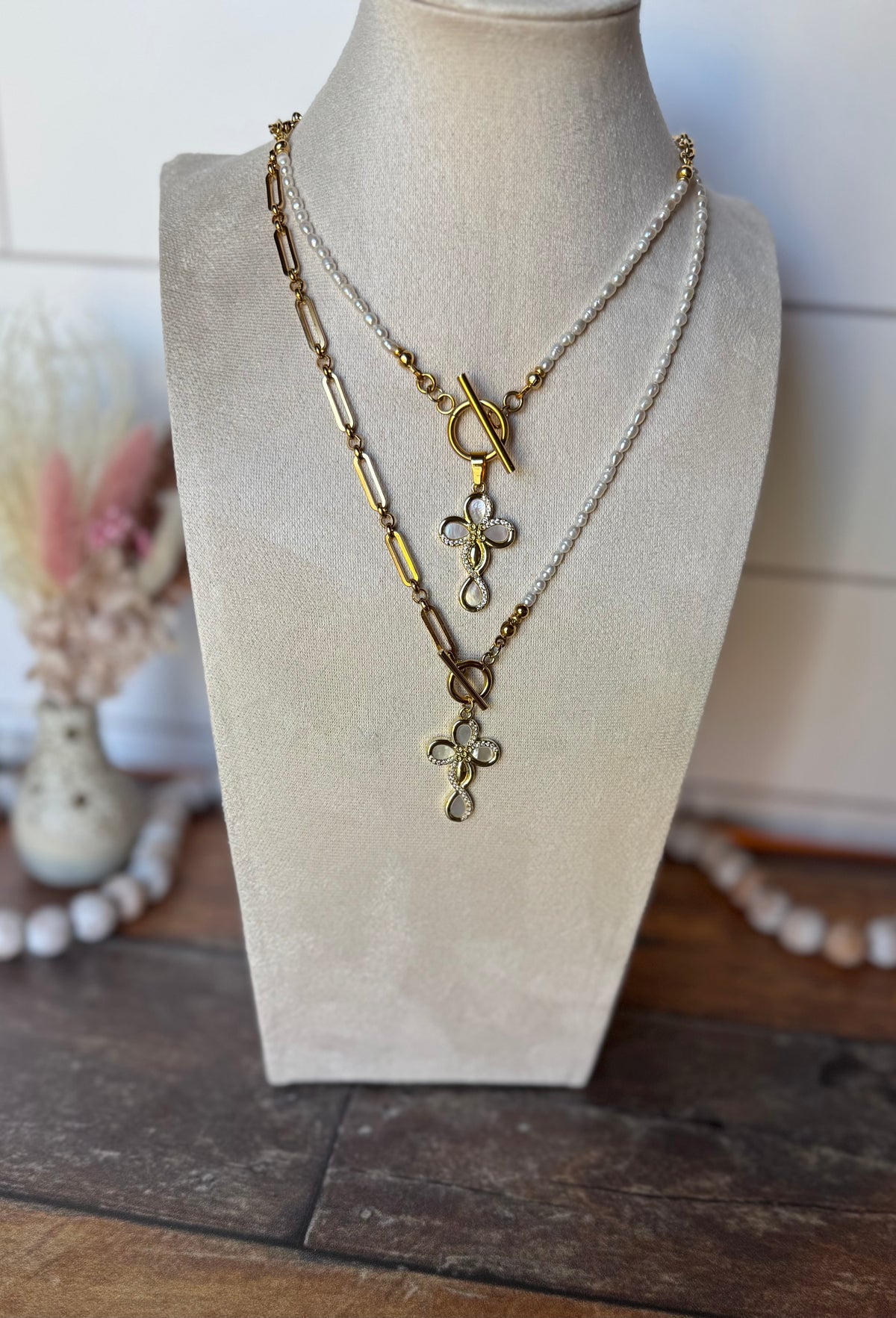 Angelica Necklace, Shell & Pearl Cross Necklace