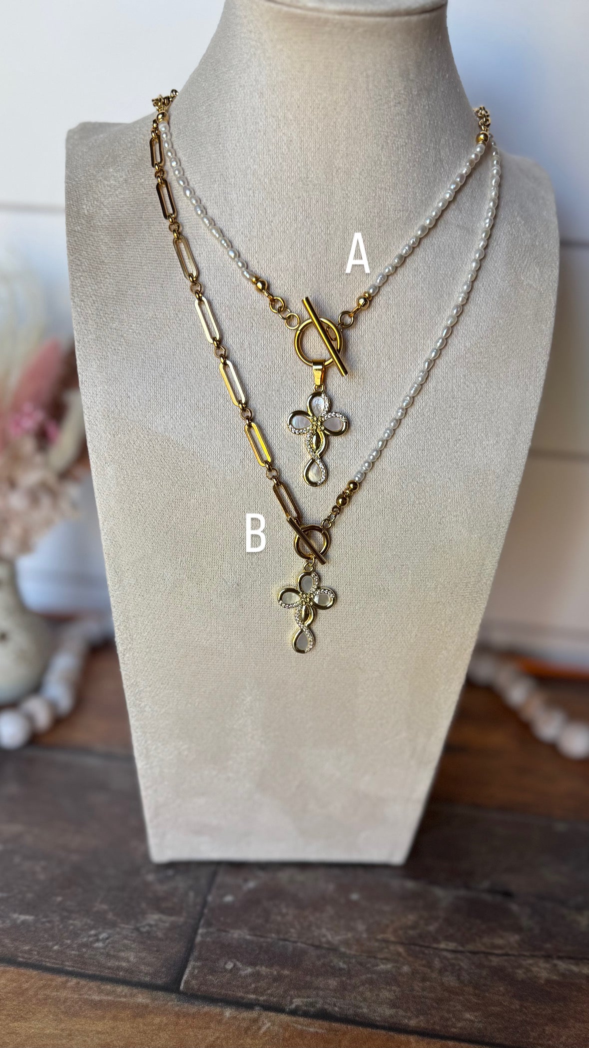 Angelica Necklace, Shell & Pearl Cross Necklace