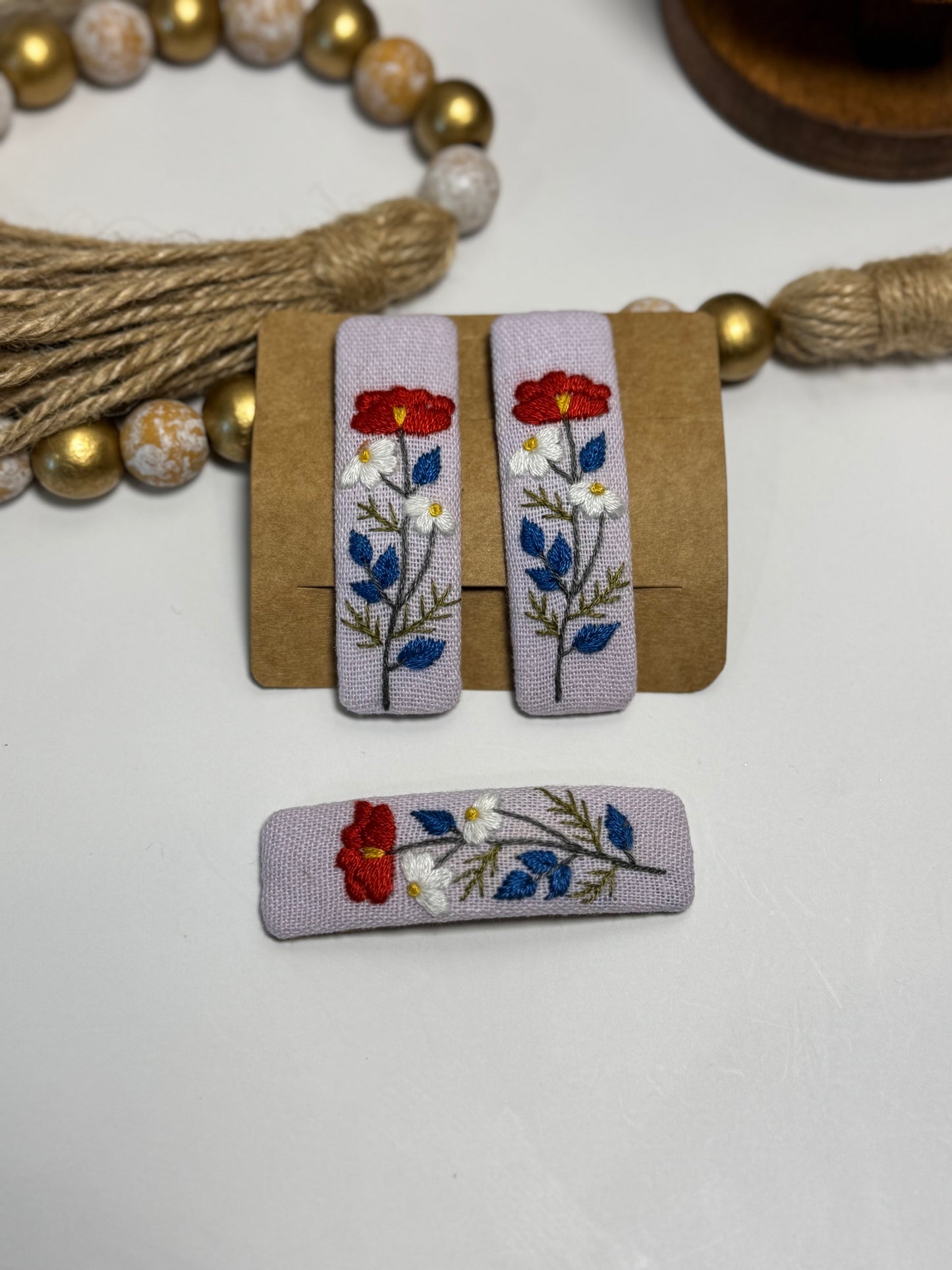 Embroidered Floral Hair Clips - Vintage Flower Linen Barrettes