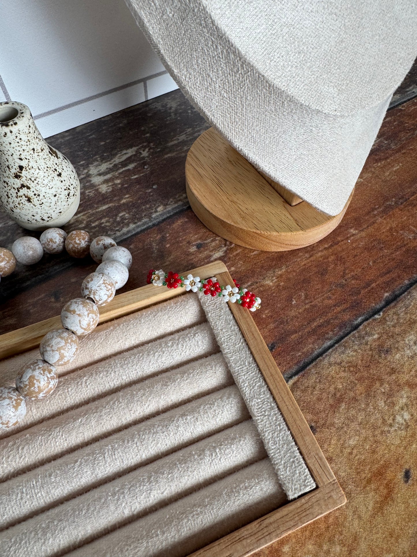 Red & Pearl Flower Beaded Bracelet