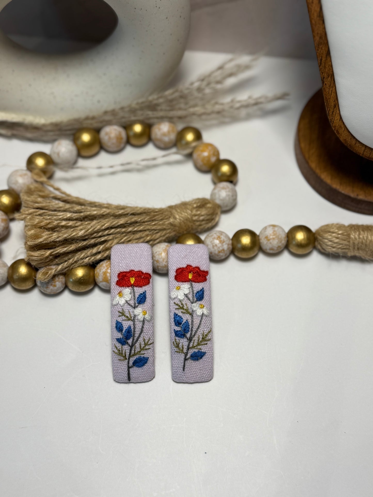 Embroidered Floral Hair Clips - Vintage Flower Linen Barrettes