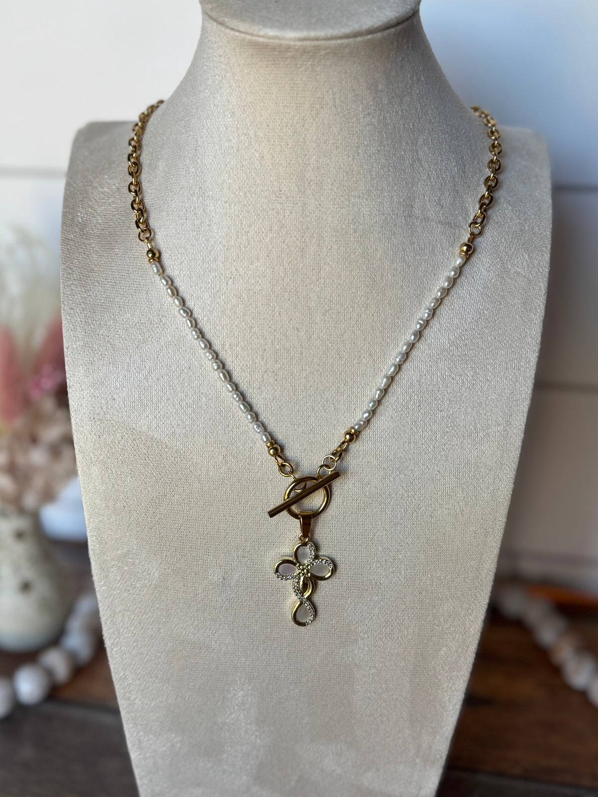 Angelica Necklace, Shell & Pearl Cross Necklace