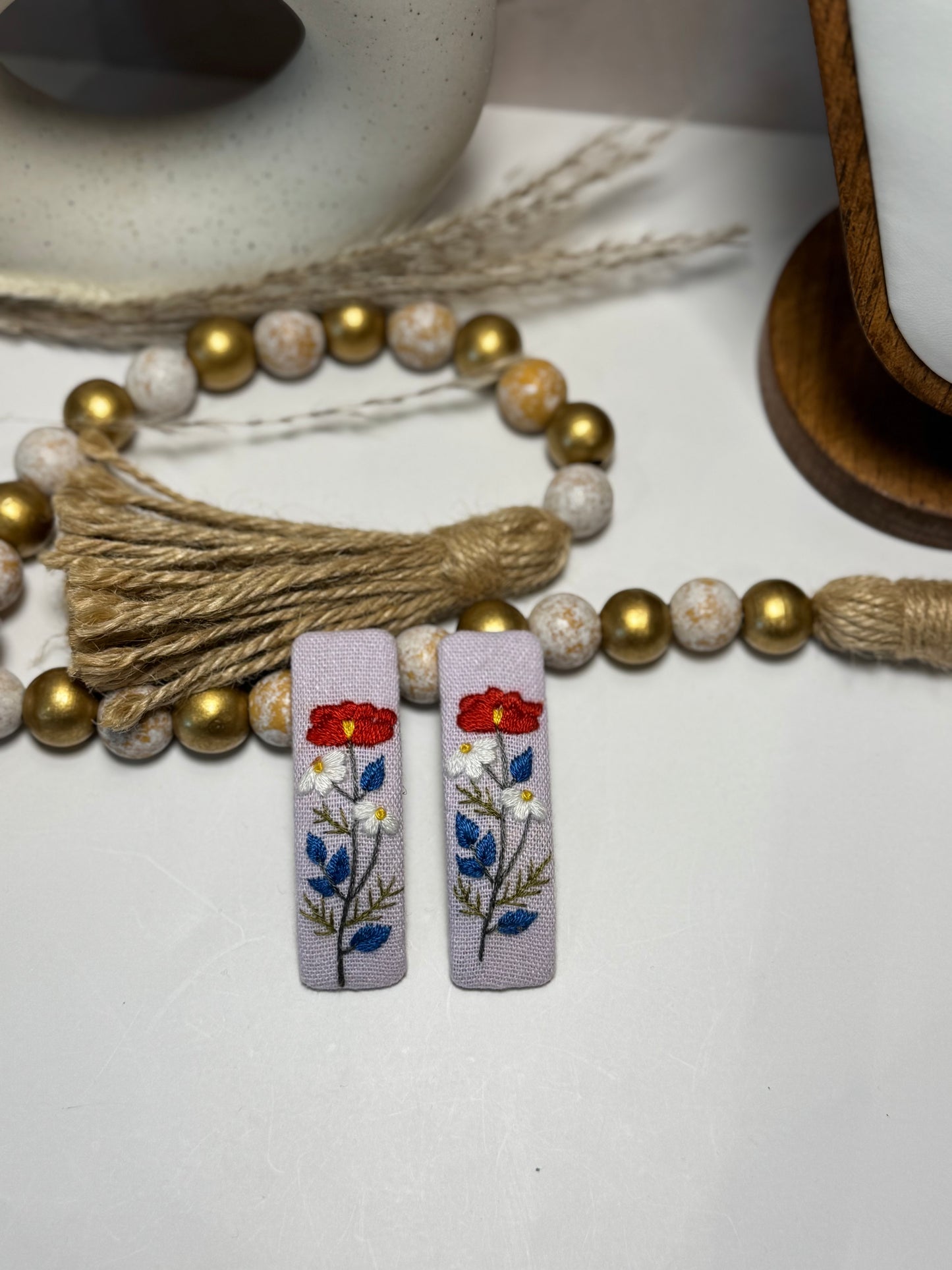 Embroidered Floral Hair Clips - Vintage Flower Linen Barrettes
