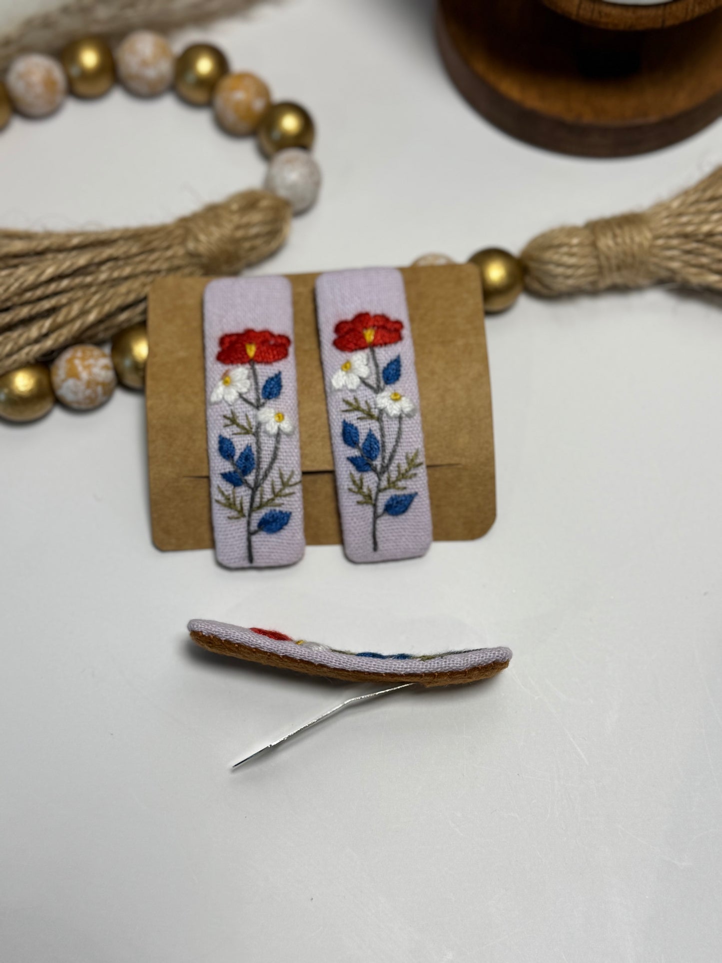 Embroidered Floral Hair Clips - Vintage Flower Linen Barrettes
