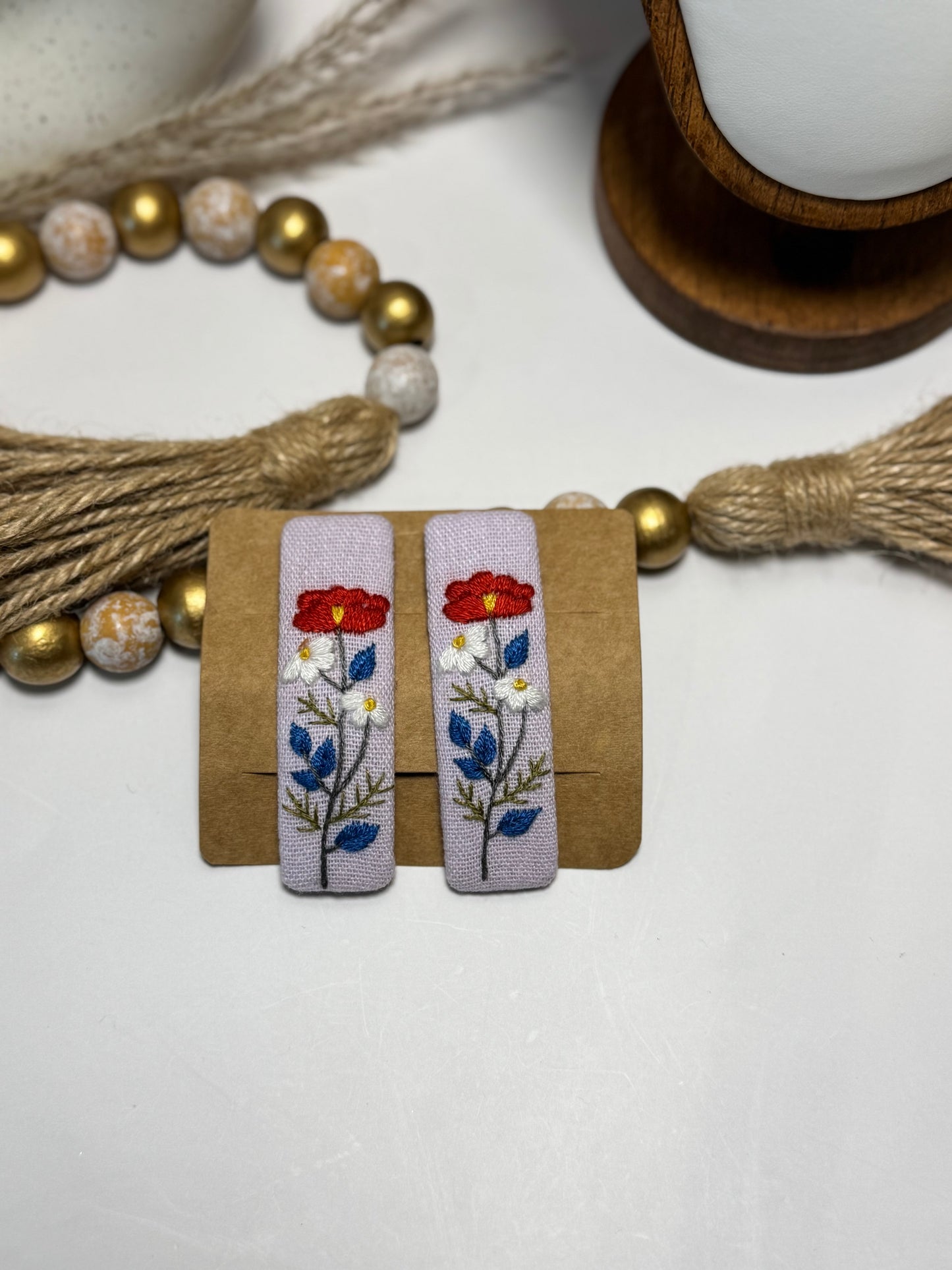 Embroidered Floral Hair Clips - Vintage Flower Linen Barrettes