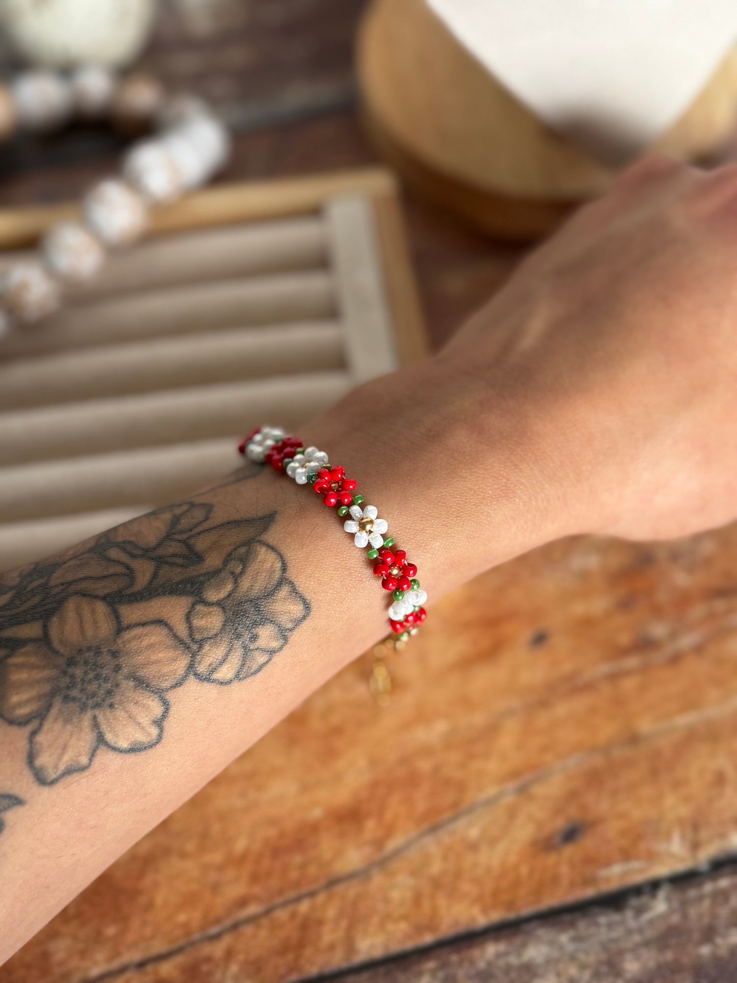 Red & Pearl Flower Beaded Bracelet