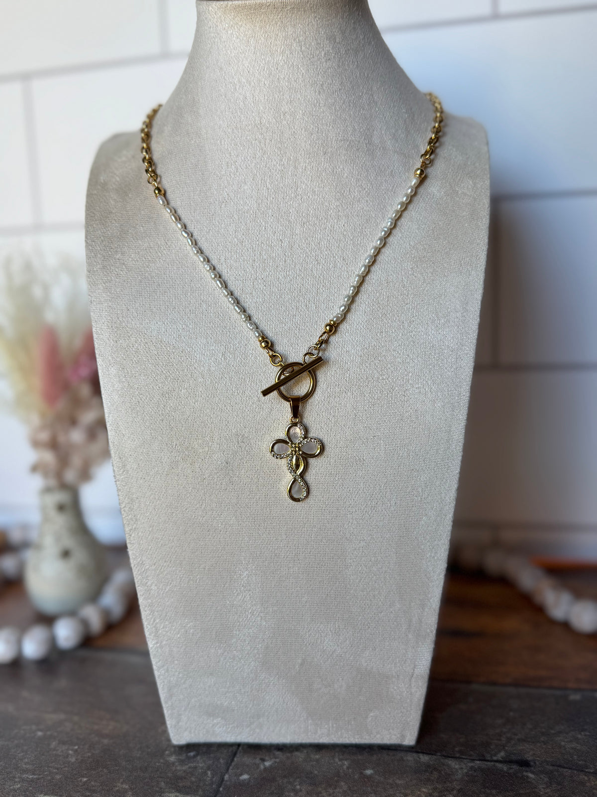 Angelica Necklace, Shell & Pearl Cross Necklace